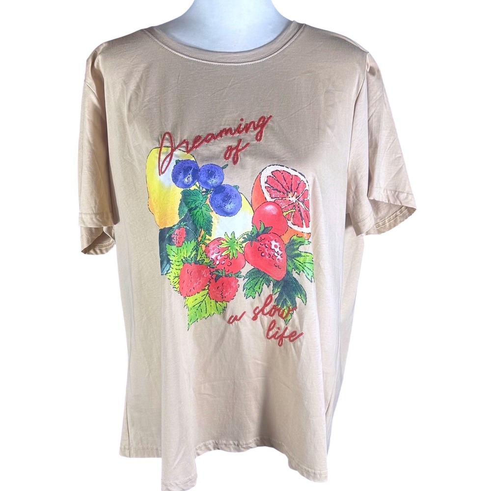 Skies Are Blue Shirt NWT Women 1X Tan Fruit Embroidered Dreaming of a Slow Life